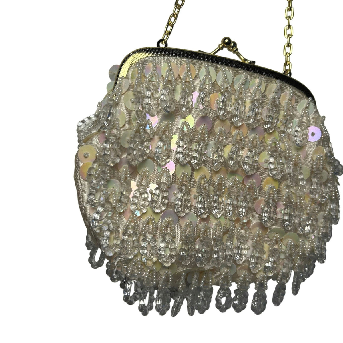 VTG 70s Flapper Bag Beaded Sequin Kiss Lock Clutch Purse Handbag Glam Retro Twee