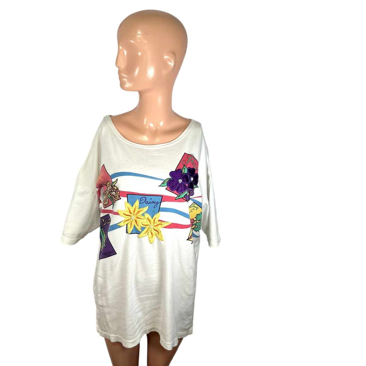 VTG 90s Architect L White Seed Packet Floral Beaded Applique Grandmacore Top