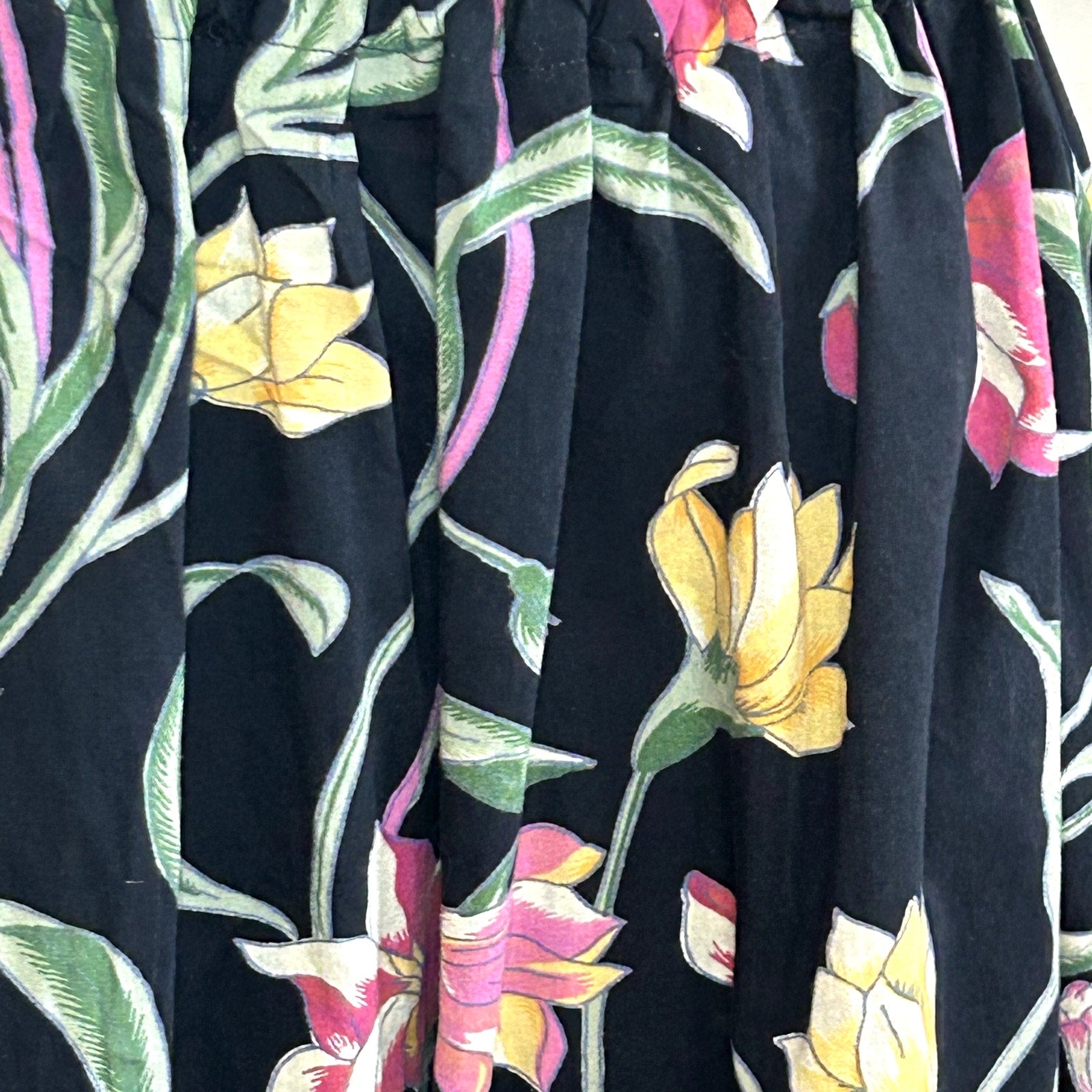 VTG 80s Upcycled M Black Pink Tiered Ruffle Midi Skirt A-Line Floral Boho Pocket