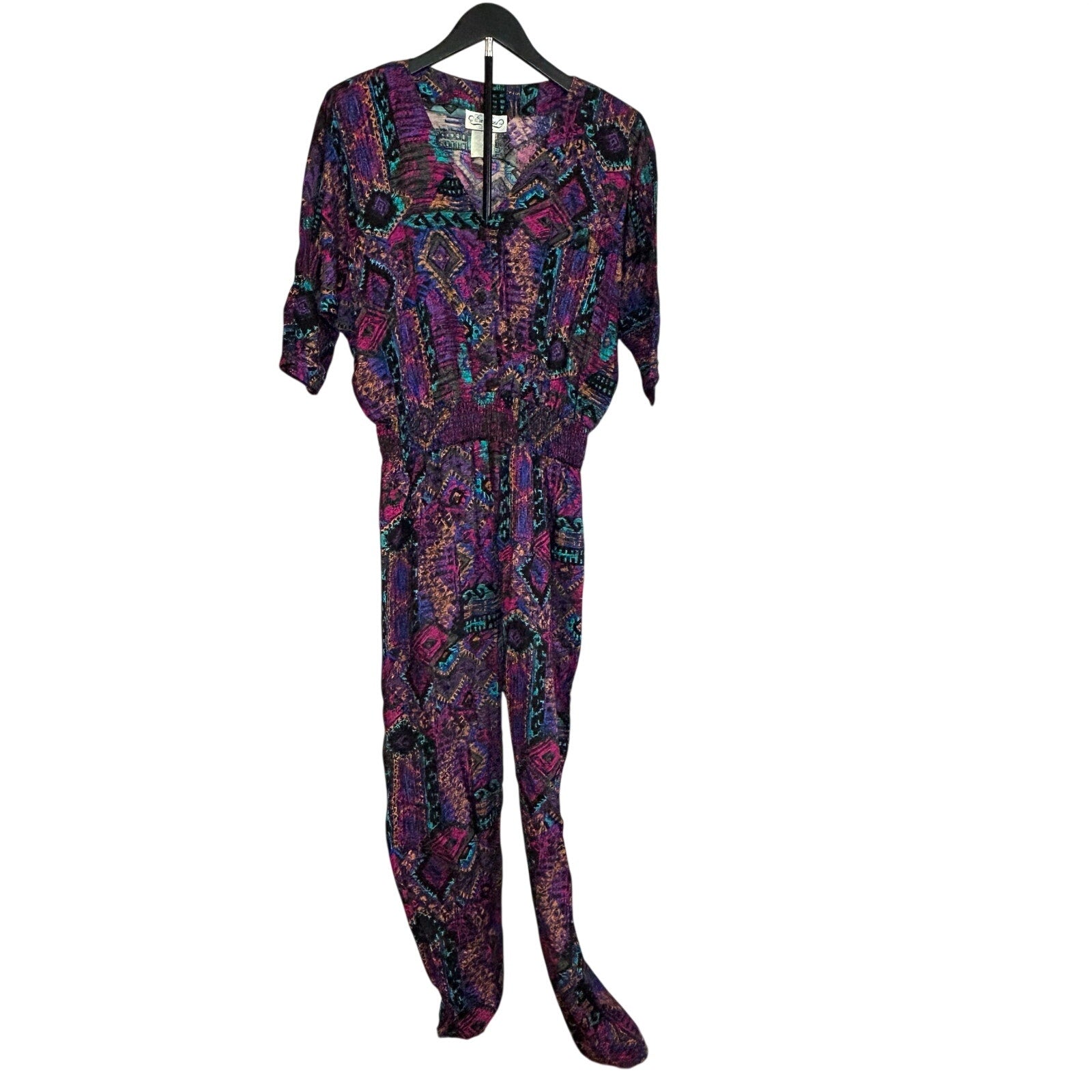 VTG En Focus Geometric Jumpsuit Purple L Rayon Southwestern Boho 90s USA Made
