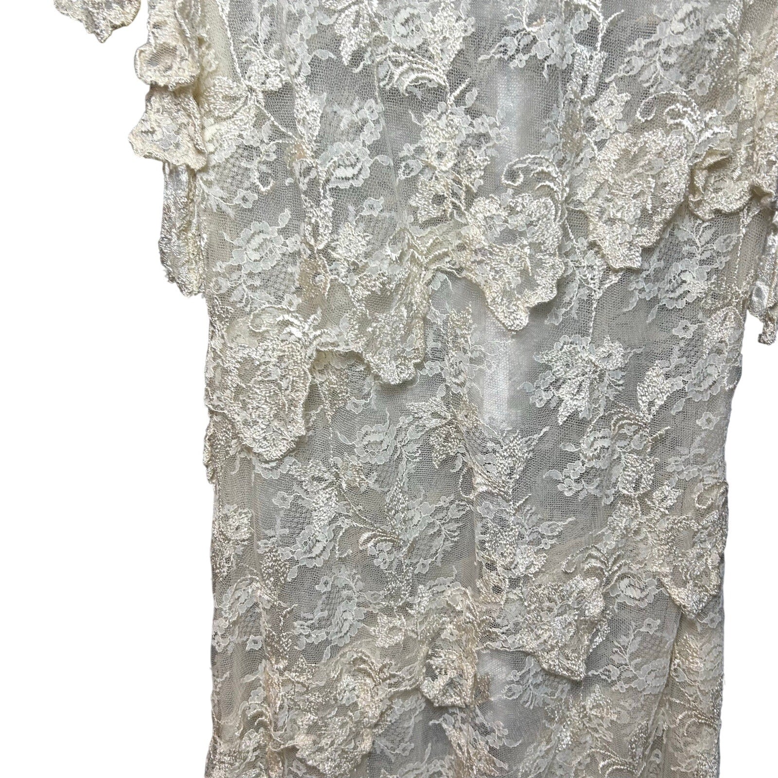 VTG 1960s Sheer Cream Lace Tiered Midi Dress Whimsigoth Bridal Overlay S