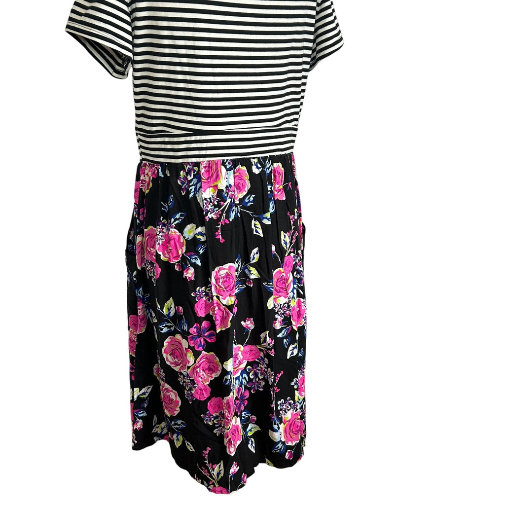 Torrid Plus 0 Black Spring Striped Floral Midi Dress Pockets Casual Teacher Work