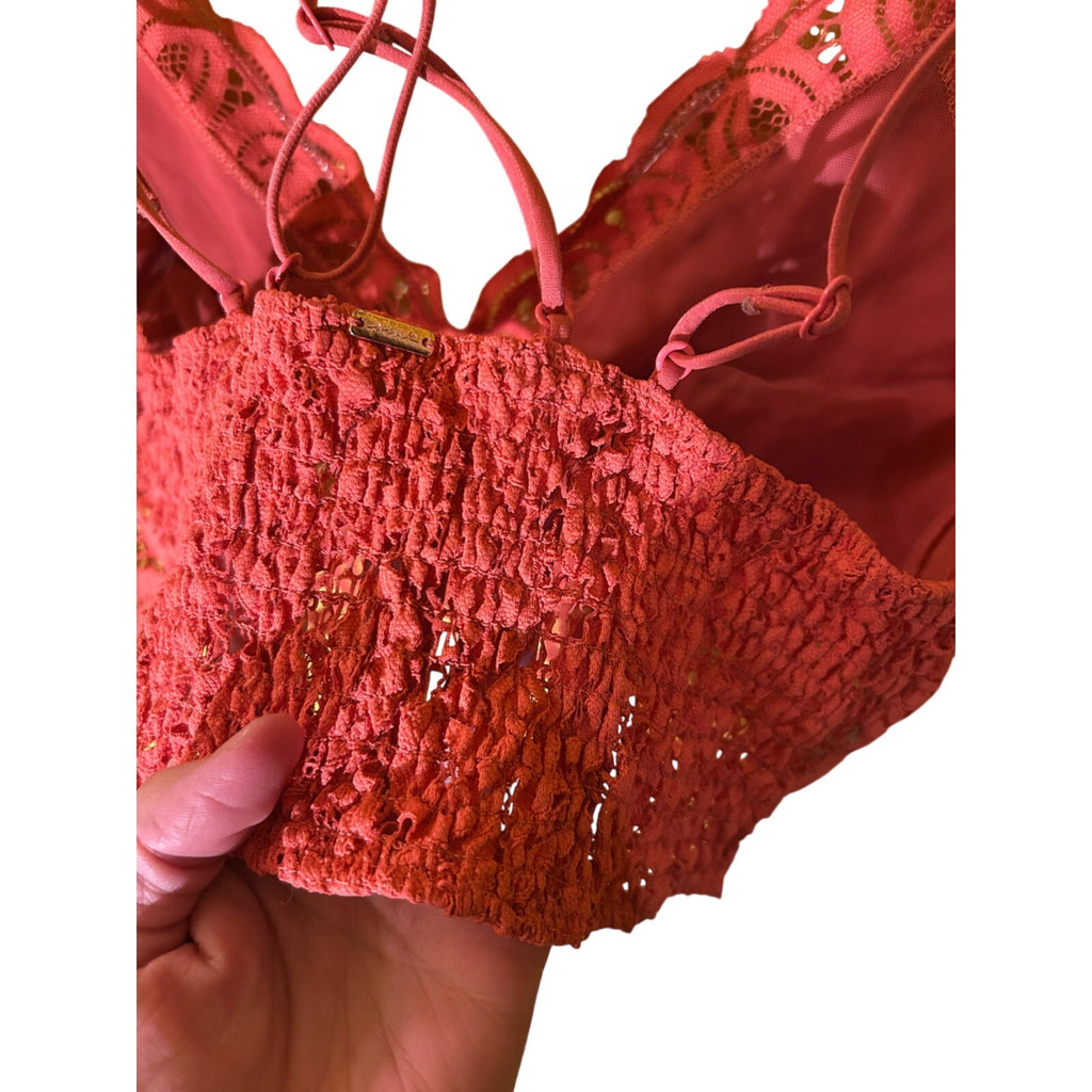 Free People Pink Lace V-Neck Crop Top Cross Back Straps Bralette Boho Women's L