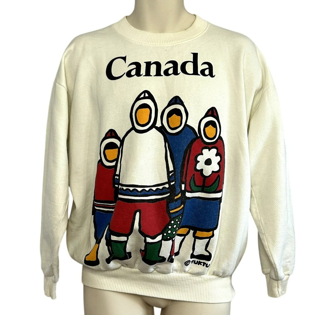 TUKTU One Size White Canadian Indigenous Art Graphic Sweatshirt Crewneck Fleece
