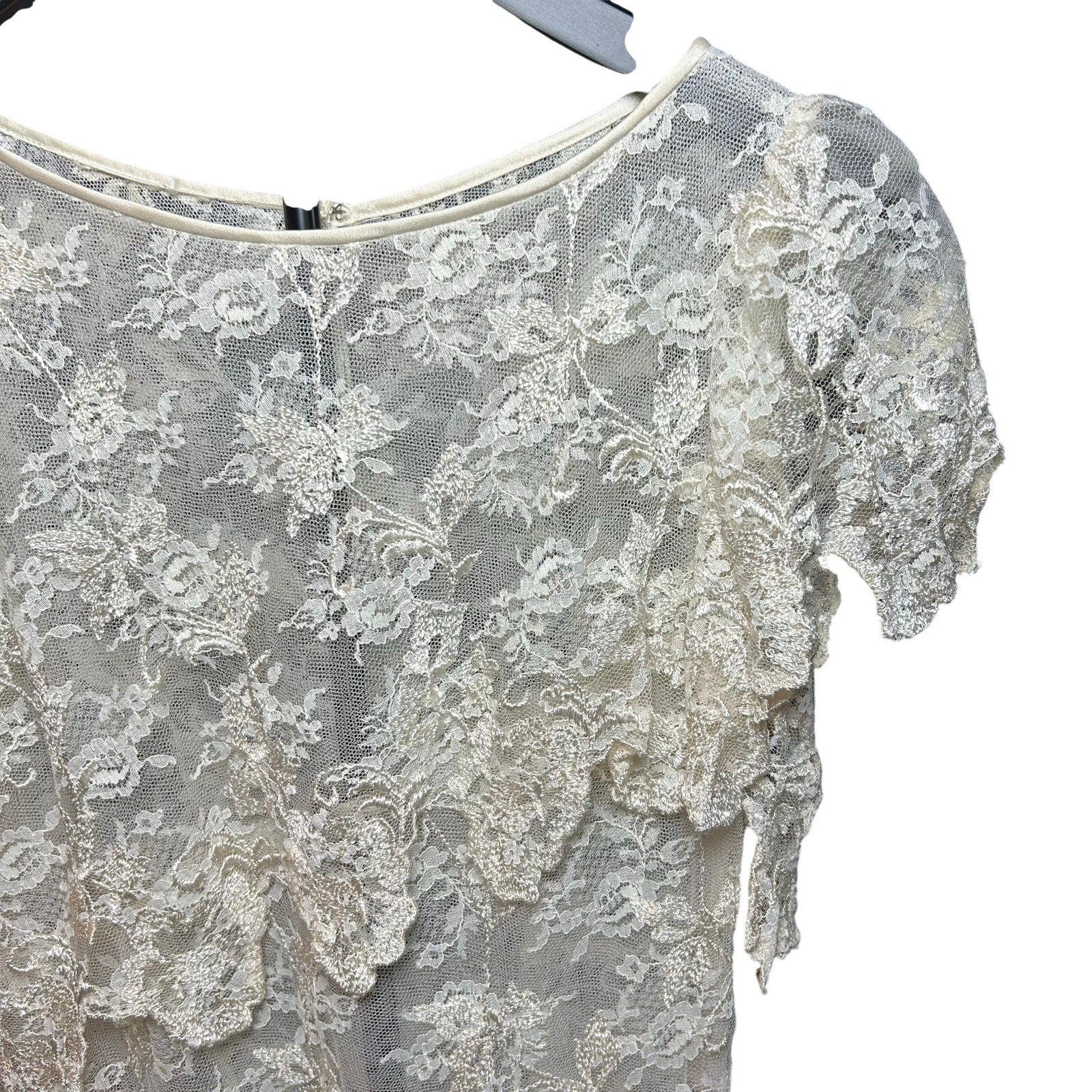 VTG 1960s Sheer Cream Lace Tiered Midi Dress Whimsigoth Bridal Overlay S