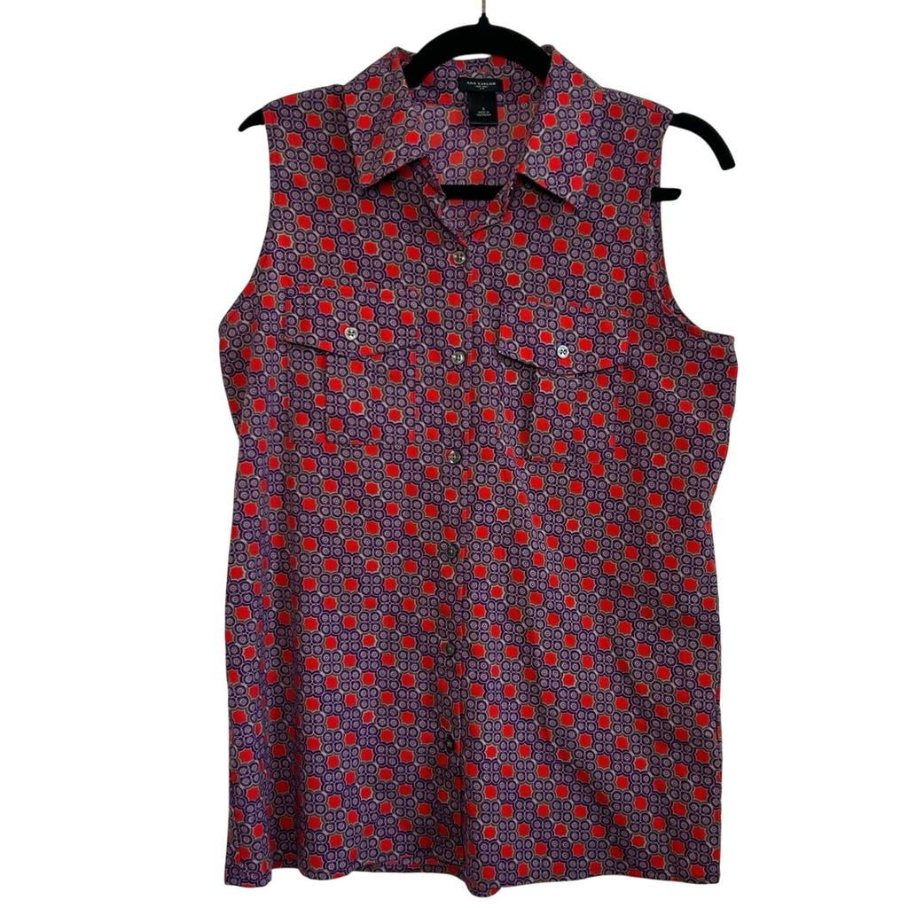 Ann Taylor Purple Red Geometric S Sleeveless Button Down Top Casual Preppy Retro