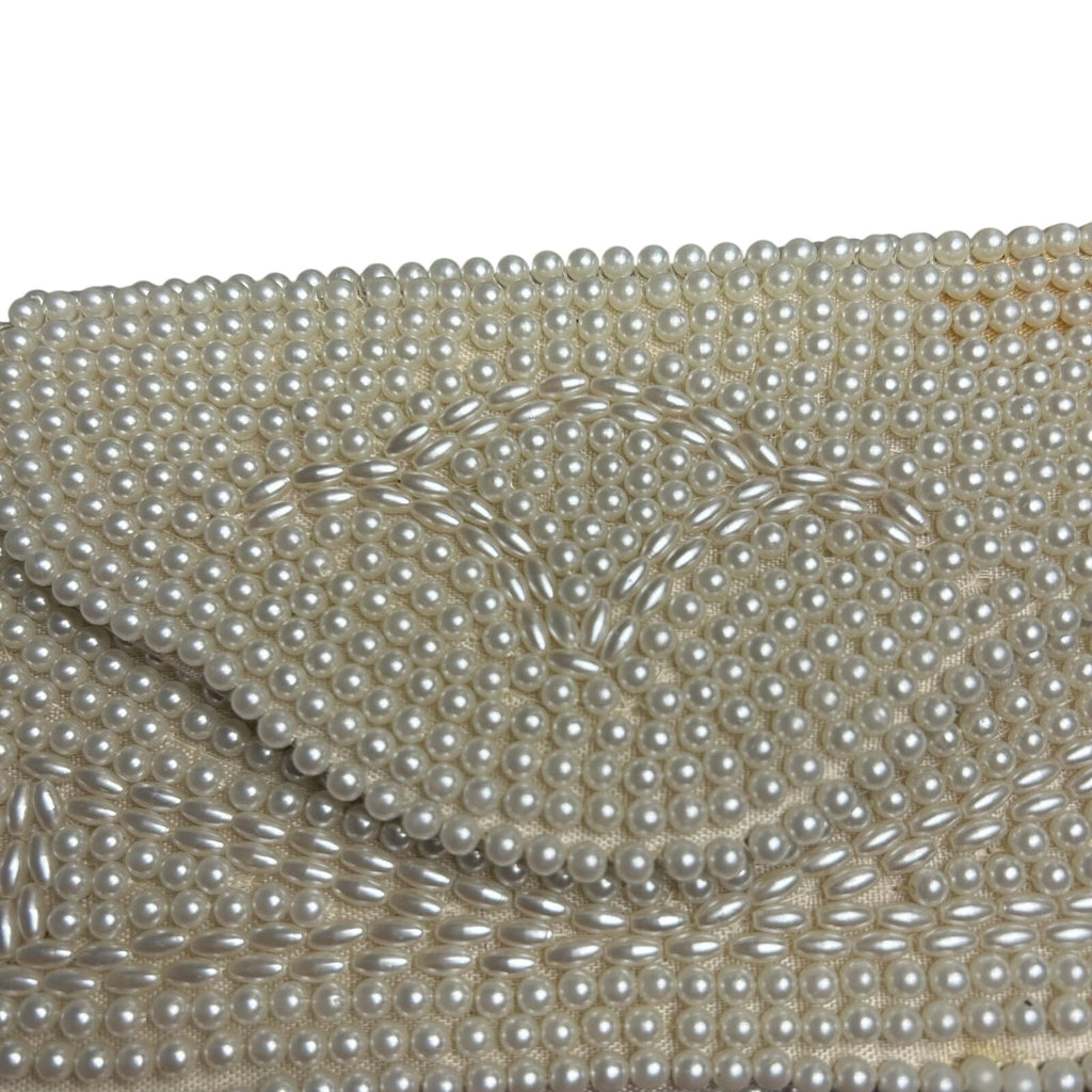 VTG 50s Pearl Beaded Clutch Japan White Evening Bag Glam Coquette Bridal Wedding