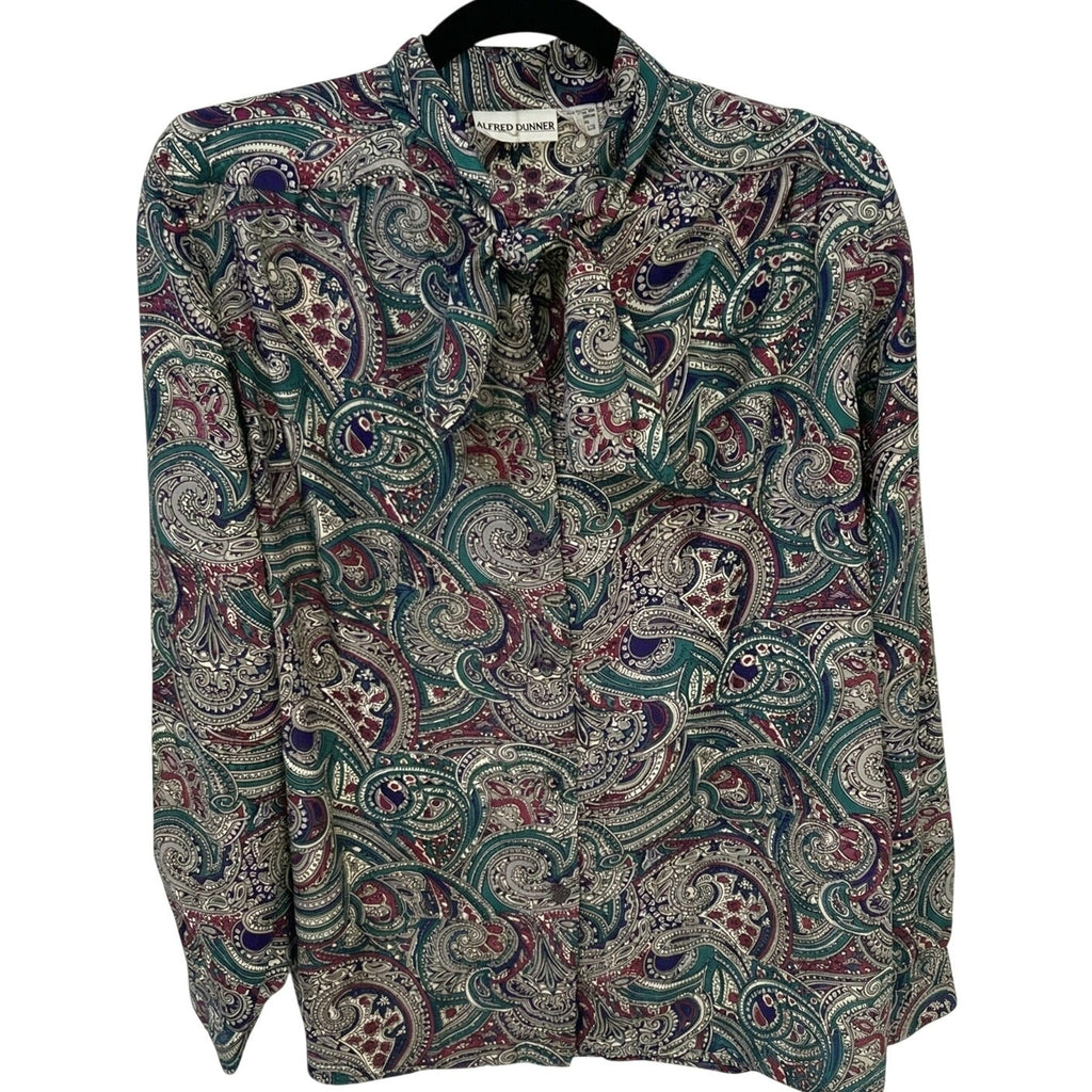 VTG Alfred Dunner Teal Purple Paisley Tie Neck Pussybow Blouse Large Whimsygoth