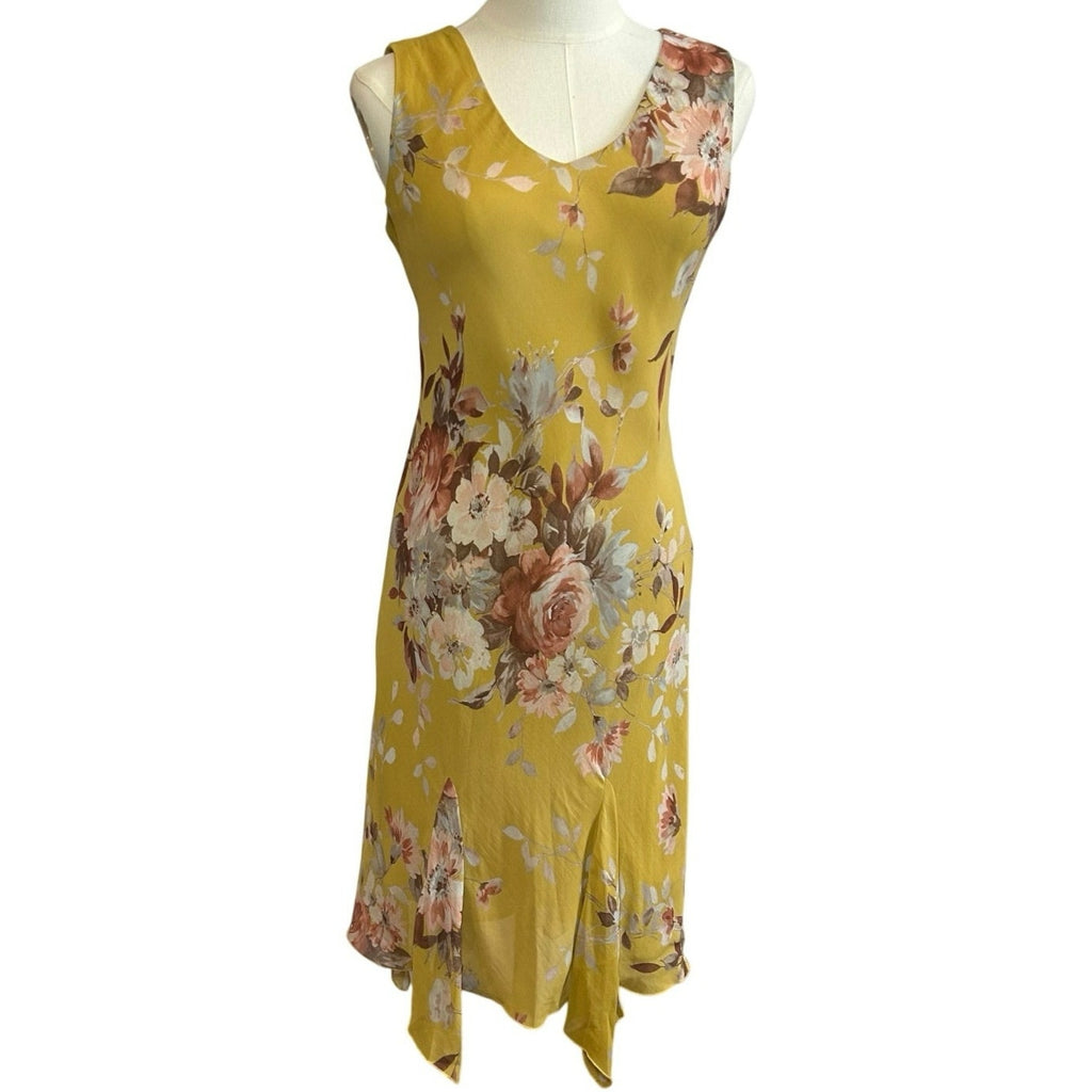 Lily Petite Small Floral Handkerchief Hem 90s Y2K Yellow Rayon Midi Dress P/S