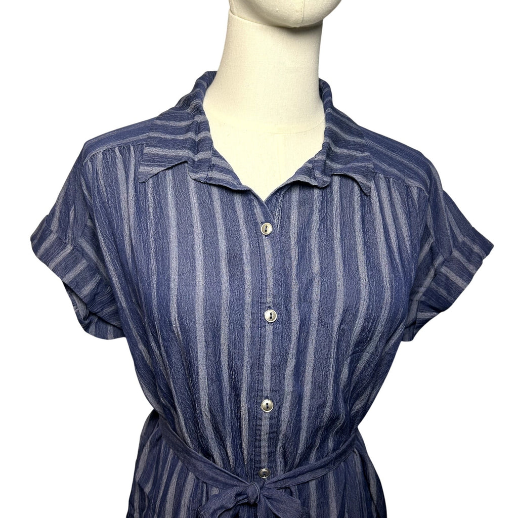 Naif Navy Blue Striped Cotton Blend Shirt Dress Tie Waist Women's Medium Casual