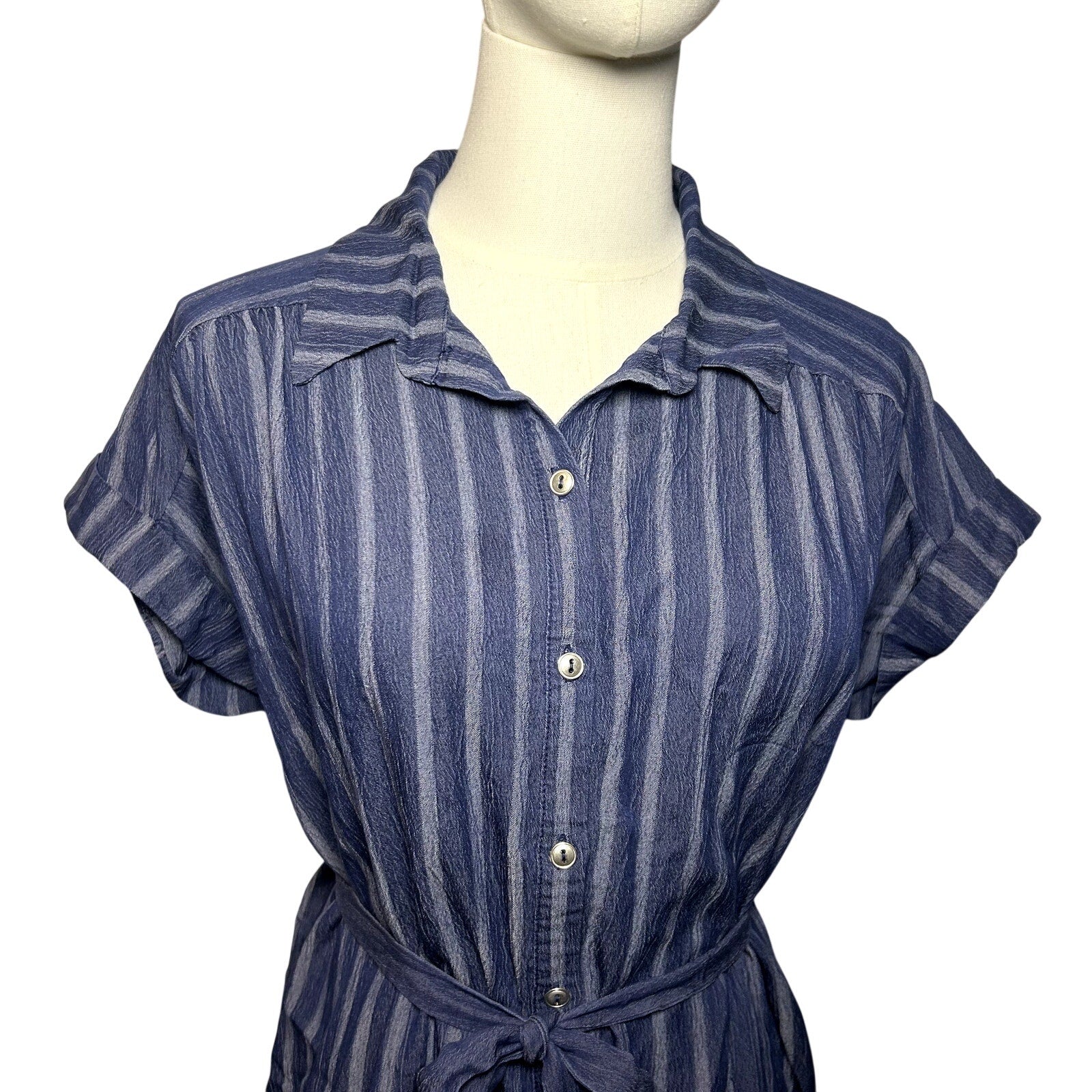 Naif Navy Blue Striped Cotton Blend Shirt Dress Tie Waist Women's Medium Casual