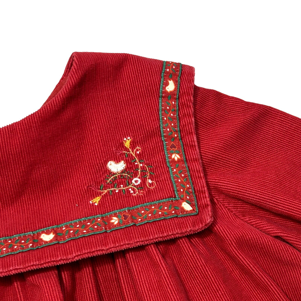 VTG 90s Jacadi Paris 3T Red Corduroy Sailor Collar Birdhouse Dress Embroidered