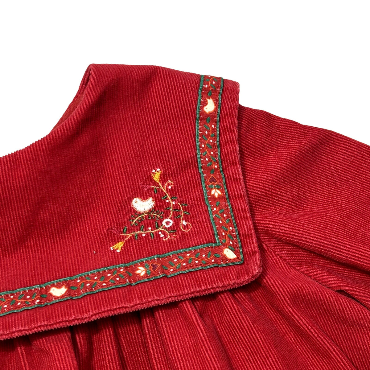 VTG 90s Jacadi Paris 3T Red Corduroy Sailor Collar Birdhouse Dress Embroidered