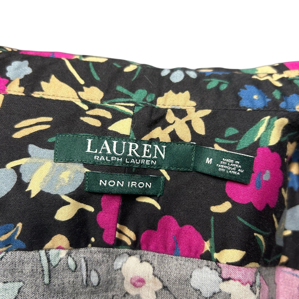Lauren Ralph Lauren Floral Non-Iron Button Down Shirt Medium Black Pink Career