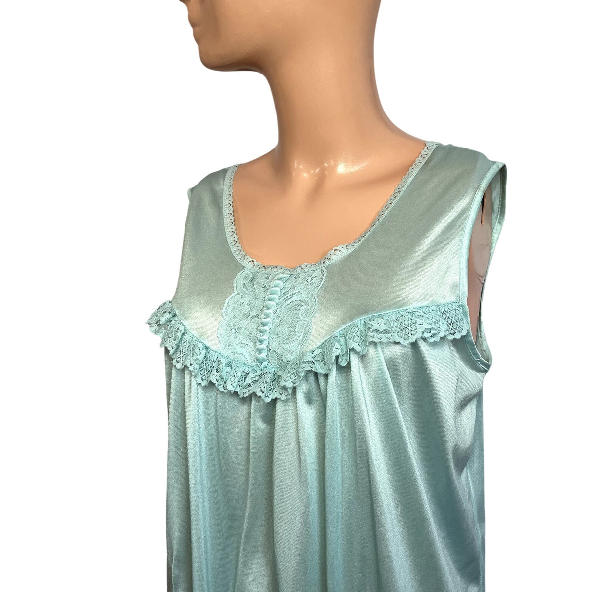 VTG 60s Handmade Blue Nylon Lace Trim Pleated Nightgown M Coquette Cottagecore
