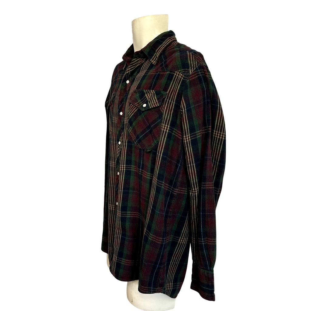 Berne L Multicolor Plaid Flannel Pearl Snap Work Shirt Utility Pen Pocket Gorp