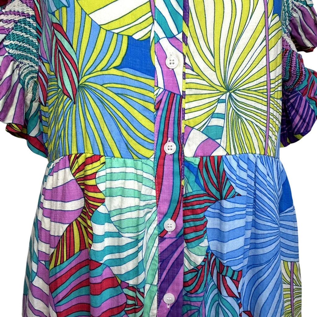 JODIFL NWT Floral Smocked Ruffle Maxi Dress S Button Down Boho Broom Feminine
