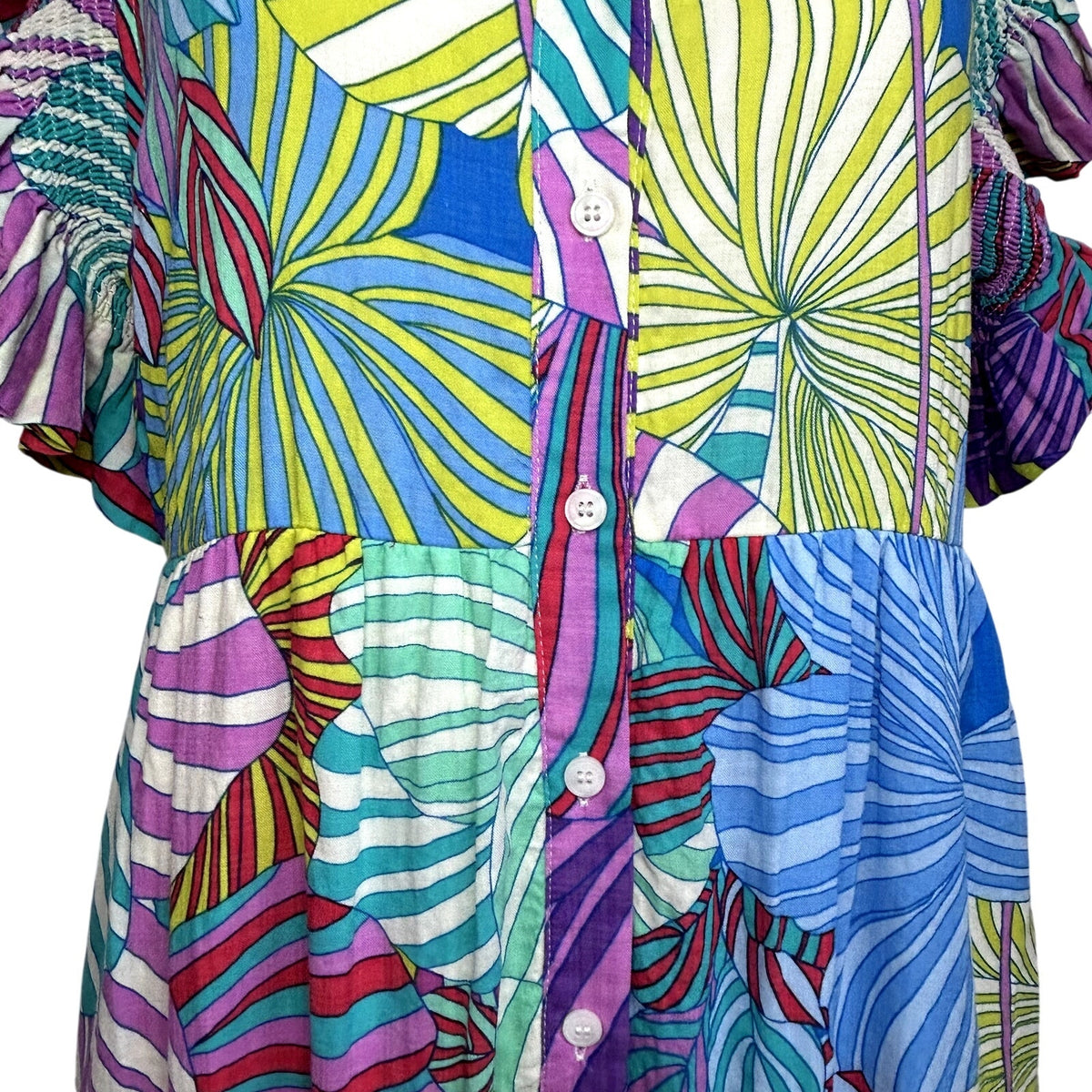 JODIFL NWT Floral Smocked Ruffle Maxi Dress S Button Down Boho Broom Feminine