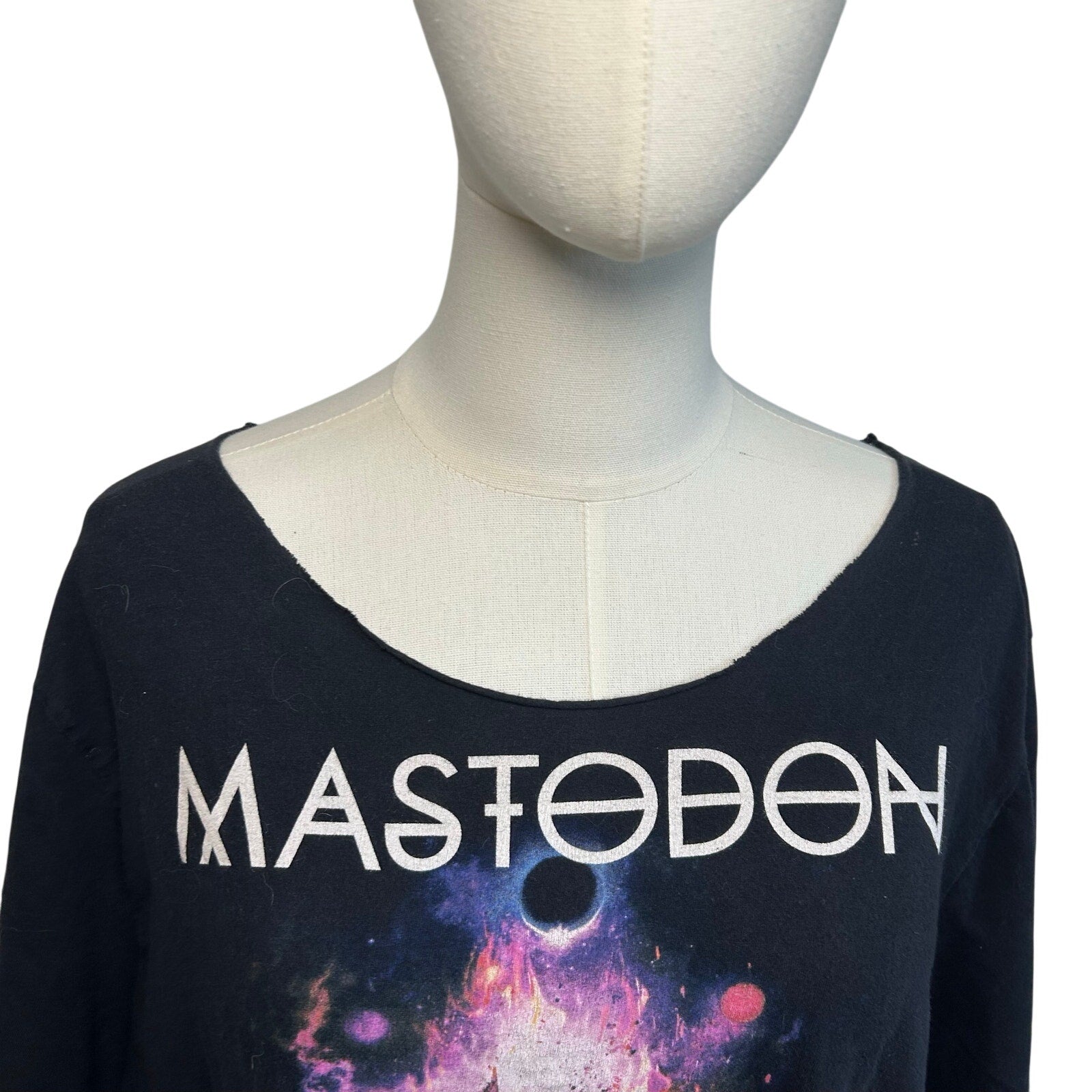 Mastodon Band T-Shirt L Black Boat Neck Custom Cut Streetwear Grunge Goth Metal