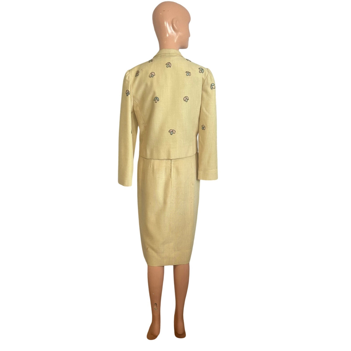 VTG 50s Hartnell Yellow Silk Applique Linen S Jacket Dress Set Feminine Wedding