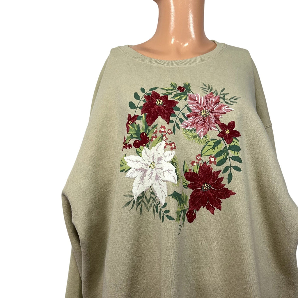 VTG 90s Jerzees XL Tan Christmas Poinsettia Fleece Sweatshirt Grandma Holiday