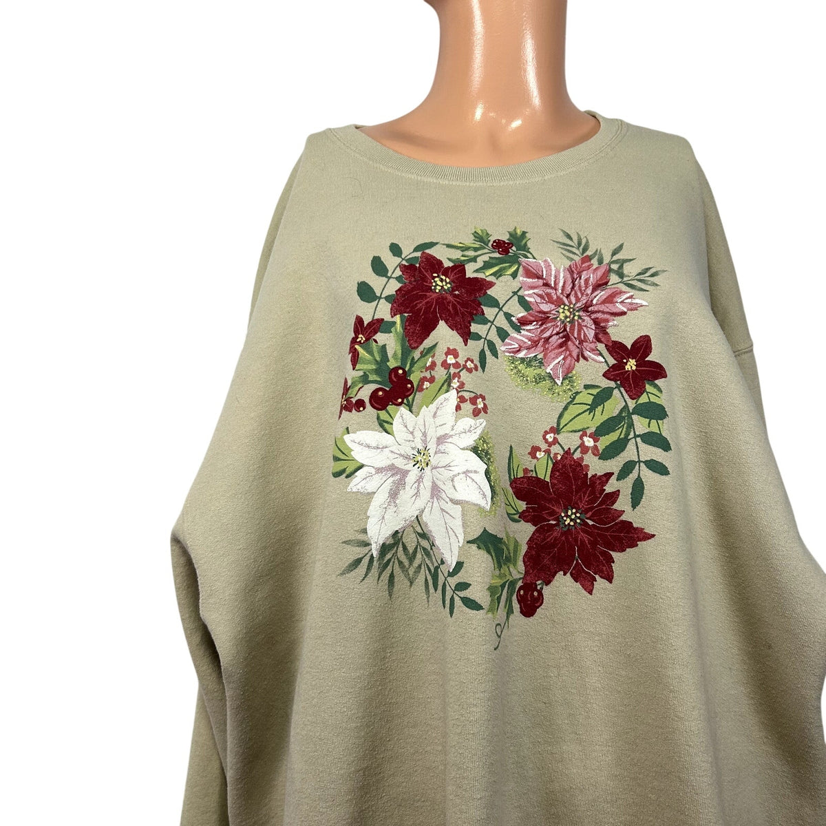 VTG 90s Jerzees XL Tan Christmas Poinsettia Fleece Sweatshirt Grandma Holiday