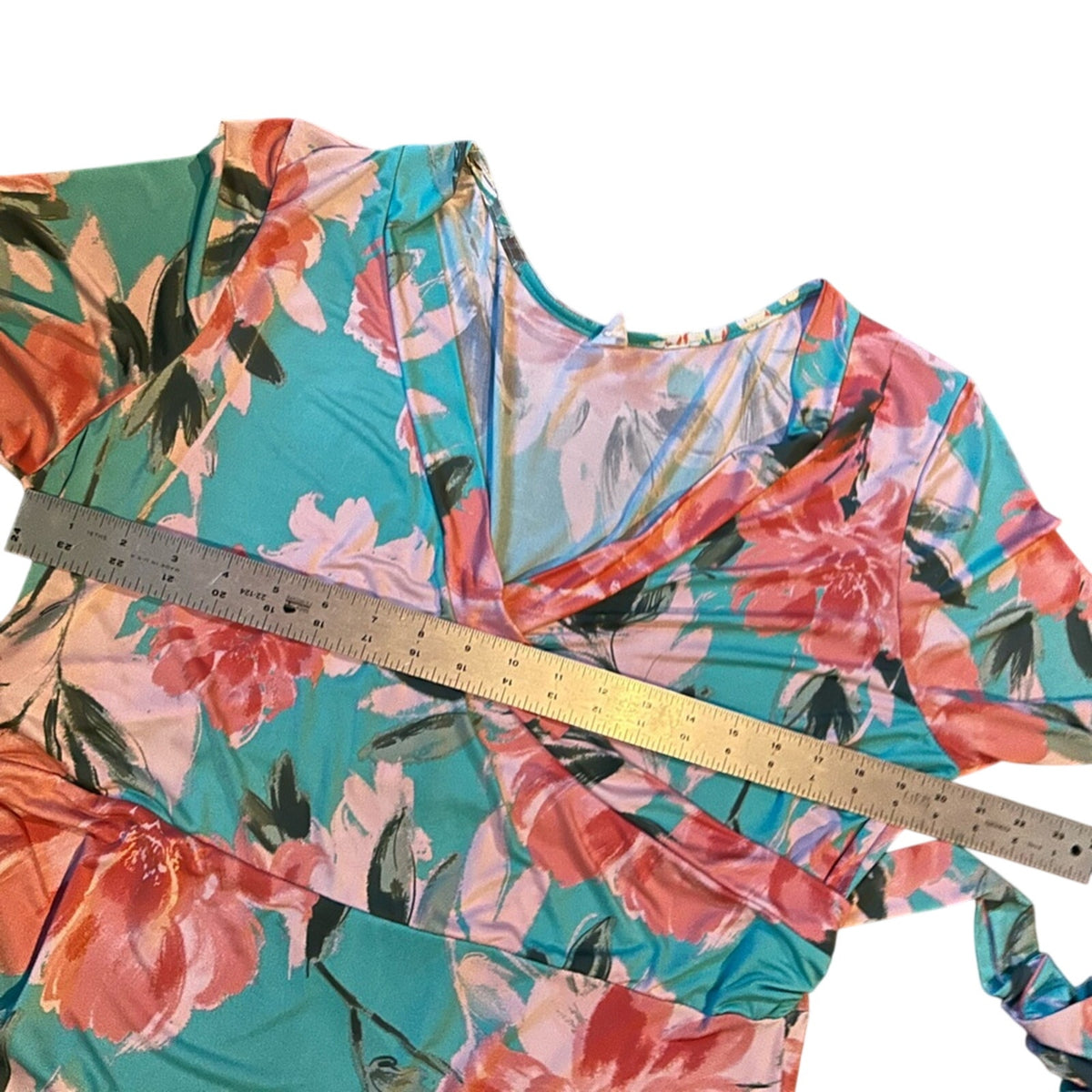 Pink Blue Floral Wrap Maxi Dress Plus Size 3X Stretchy Belted Bow Flowers Easter