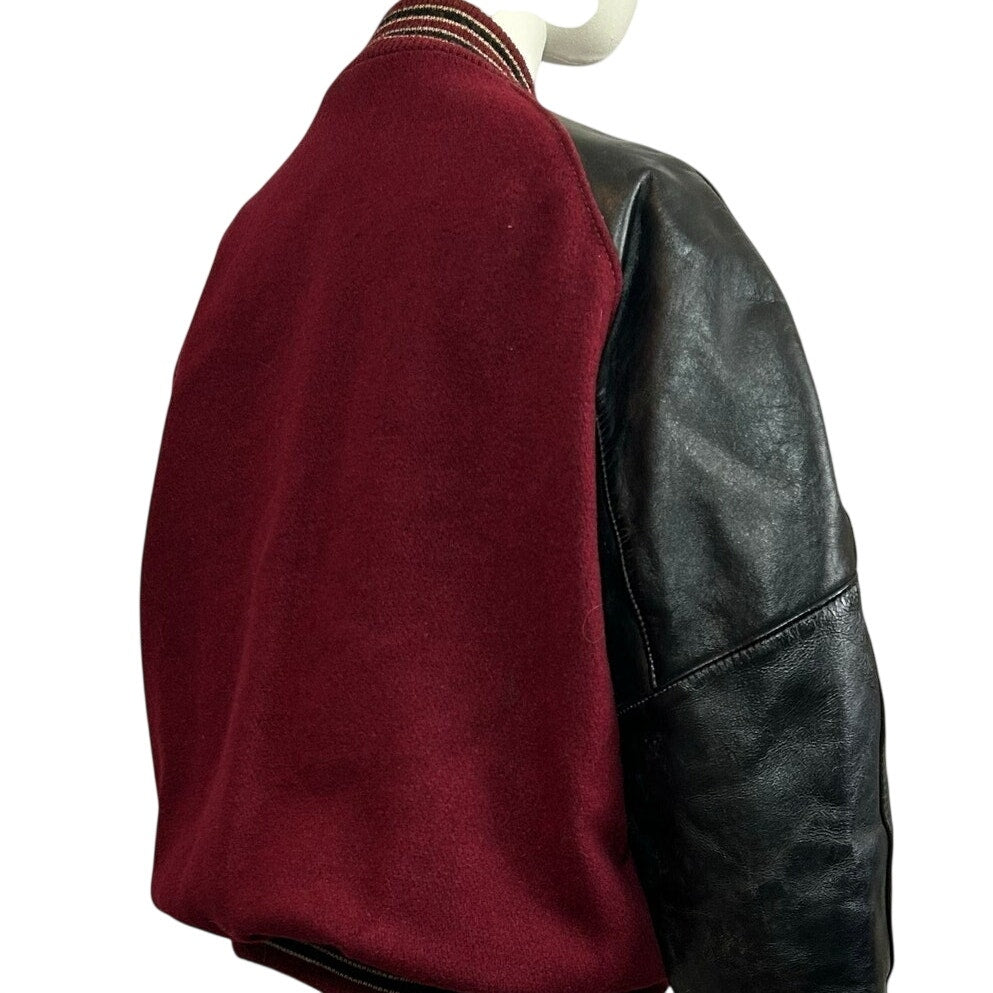 VTG 80s DeLong Archival Varsity Letter Jacket Maroon Black Leather 42 Grunge