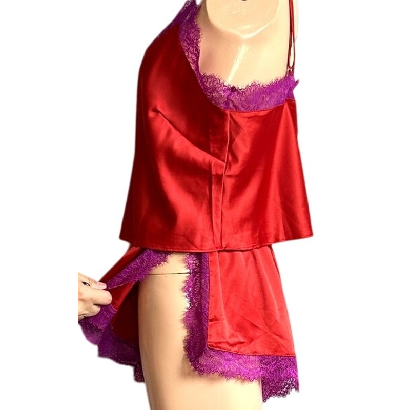 Savage X Fenty Red Purple Lace Camisole Shorts M Lingerie Set Romantic Feminine