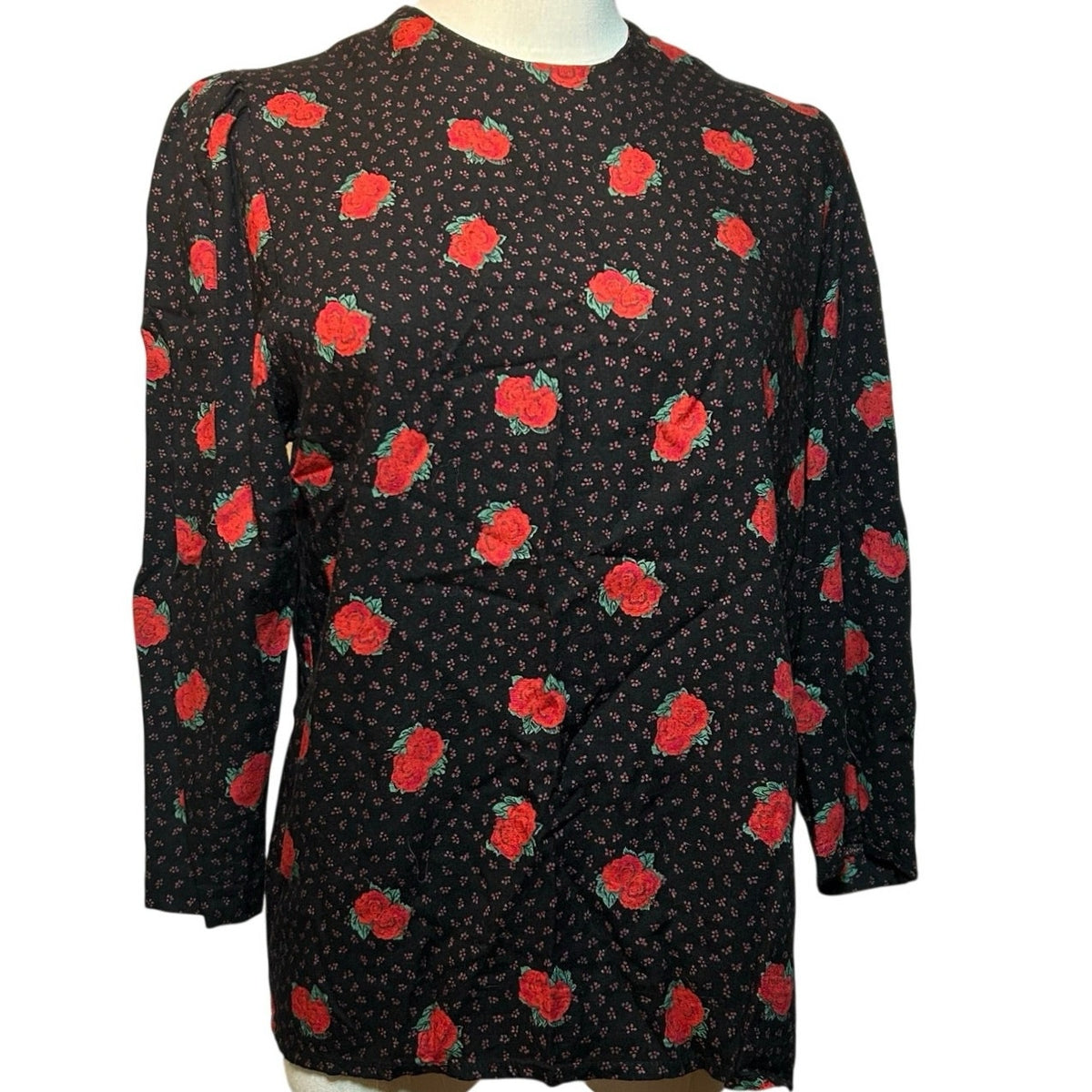 VTG Ms Interpret Black Red Rose Polka Dot Rayon Blouse 12 Whimsygoth Grunge Goth