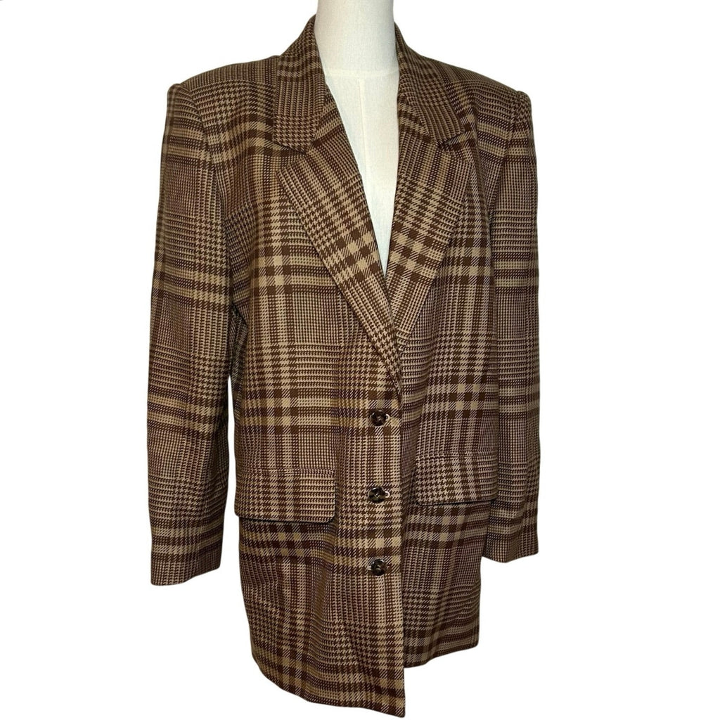 VTG 70s Liz Claiborne Wool Brown Plaid Blazer L Preppy Grunge Dark Academia