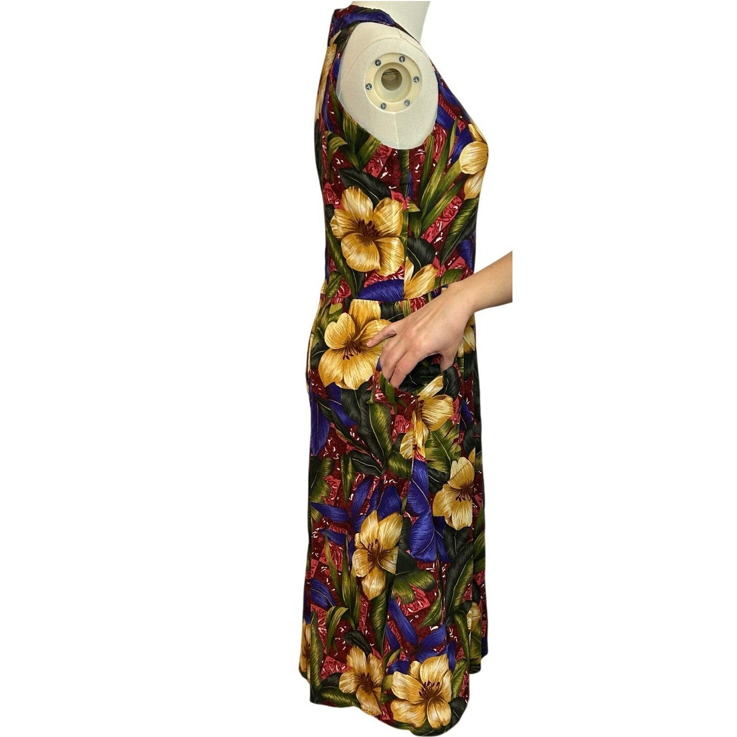 VTG 90s Positive Attitude Tropical Hibiscus Rayon Midi Dress Pockets Size 14