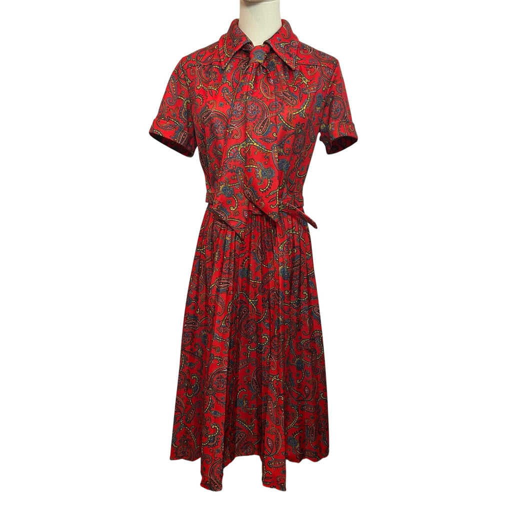 VTG 70s Red Paisley Dagger Collar Midi Dress with Matching Belt M Whimsygoth