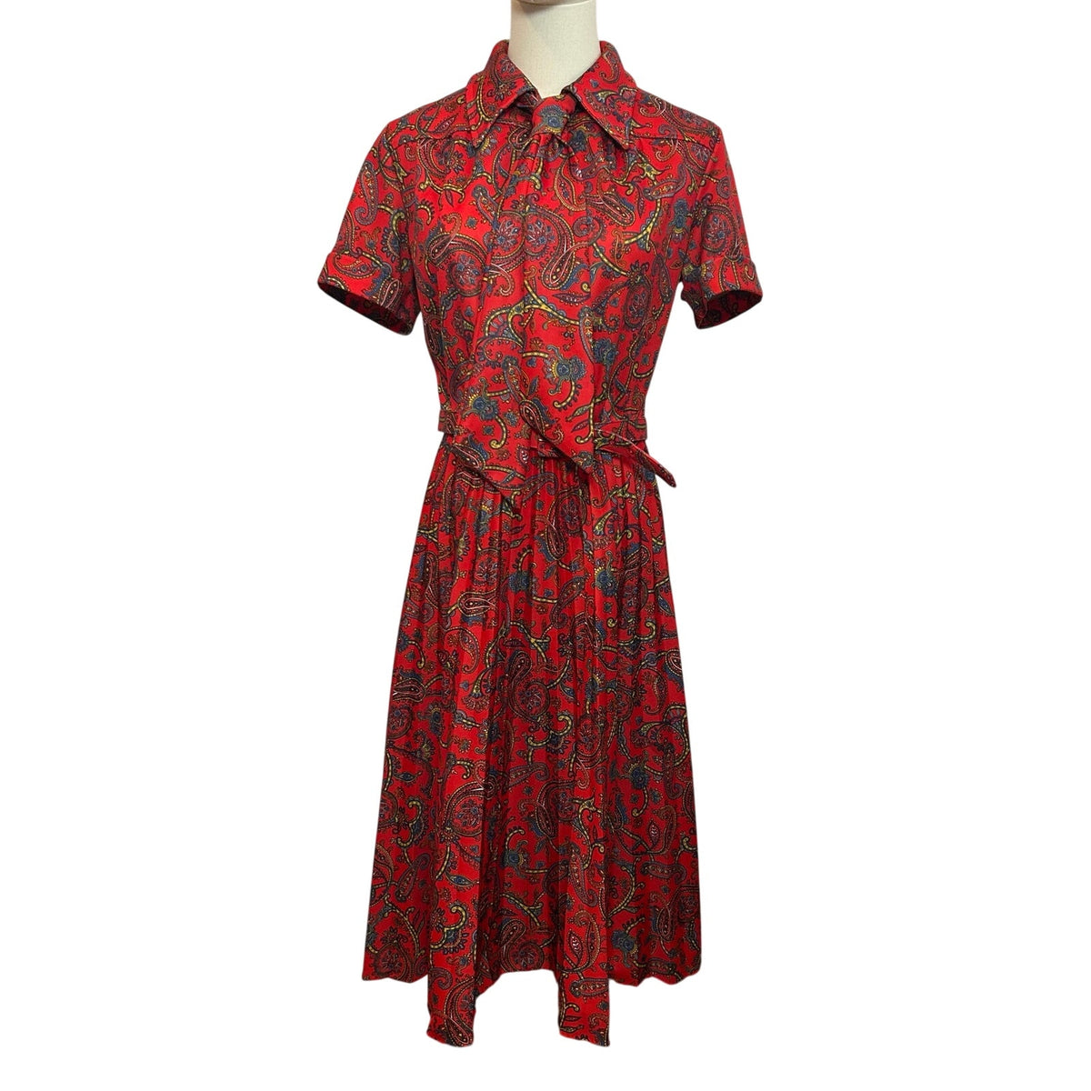 VTG 70s Red Paisley Dagger Collar Midi Dress with Matching Belt M Whimsygoth