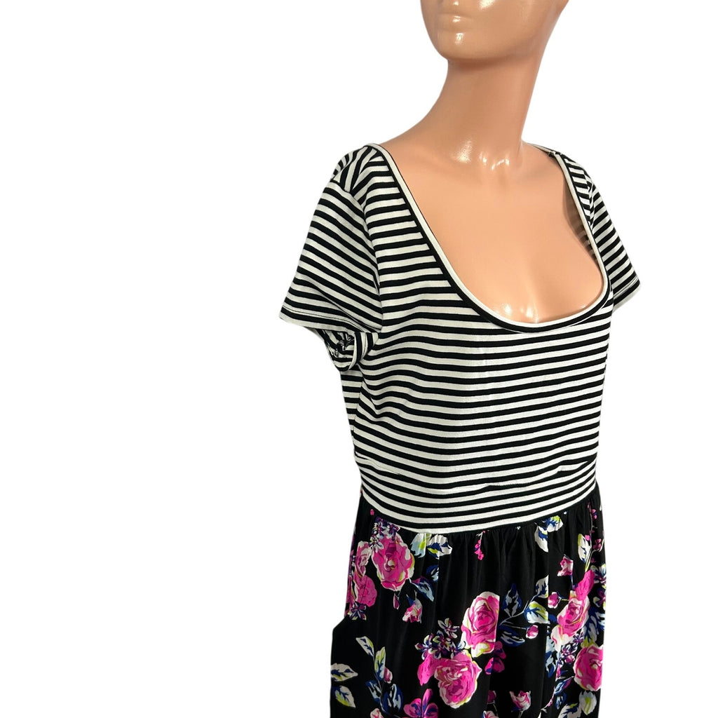 Torrid Plus 0 Black Spring Striped Floral Midi Dress Pockets Casual Teacher Work