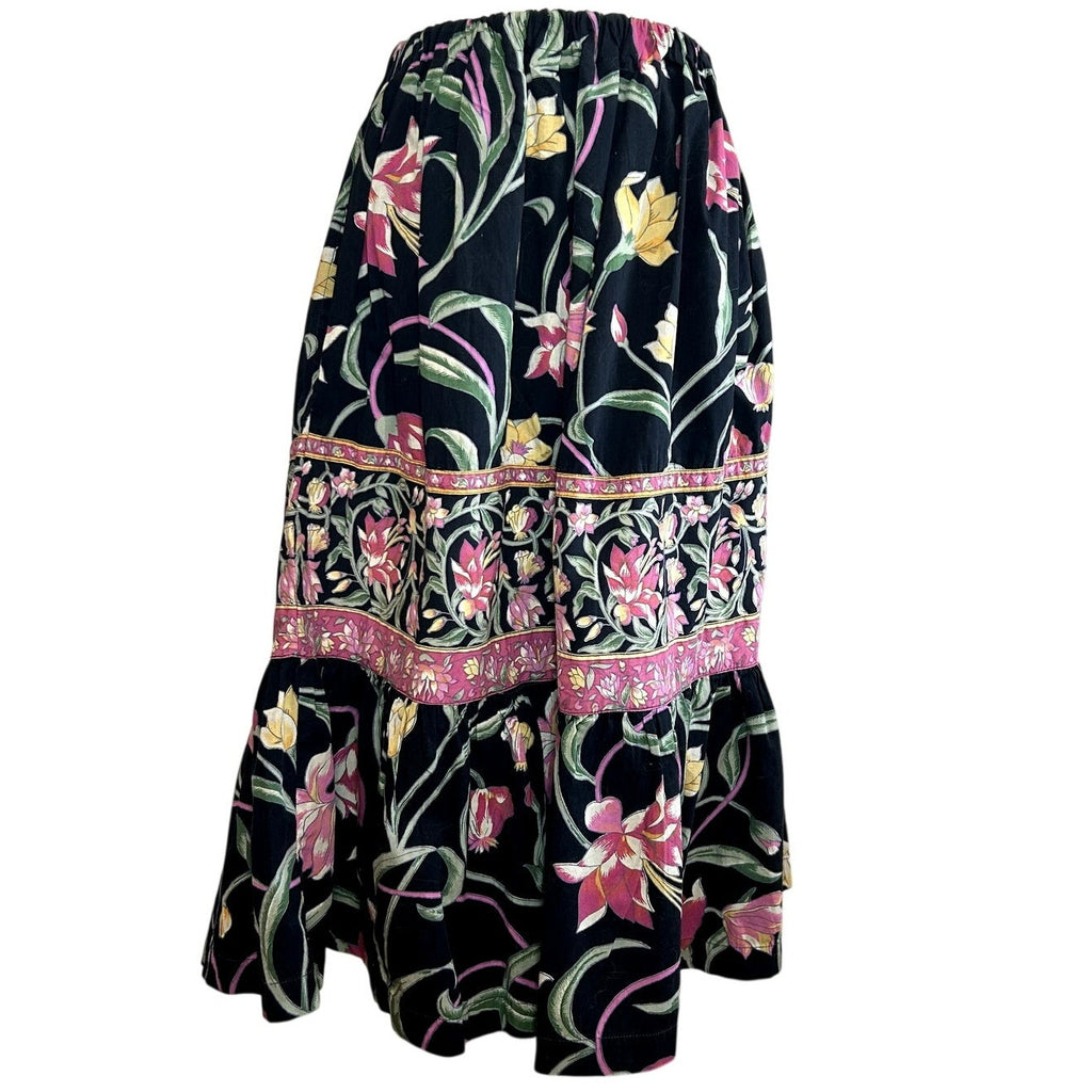 VTG 80s Upcycled M Black Pink Tiered Ruffle Midi Skirt A-Line Floral Boho Pocket