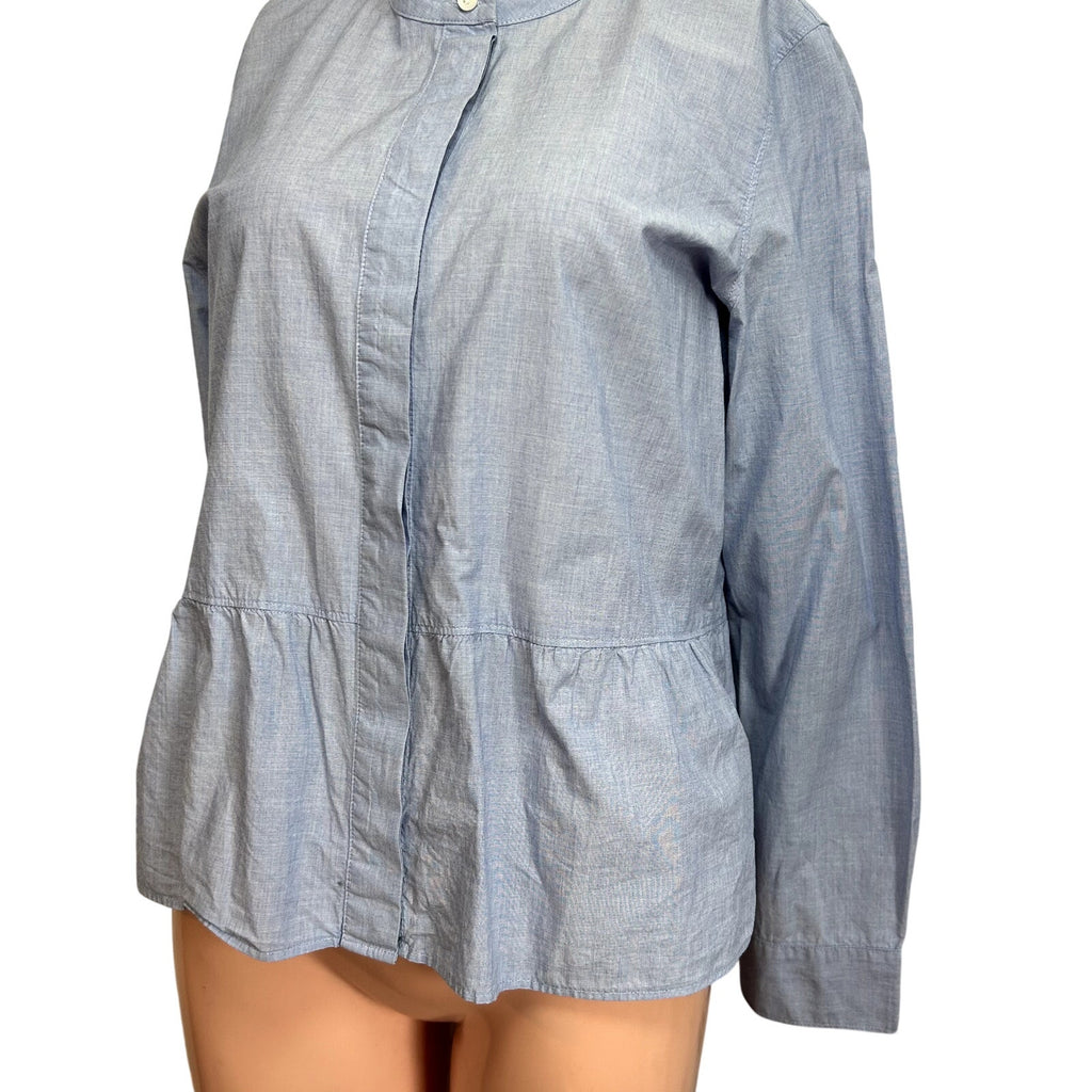 Madewell M Blue Top Mandarin Peplum Hem Minimalist Casual Monochrome Chambray