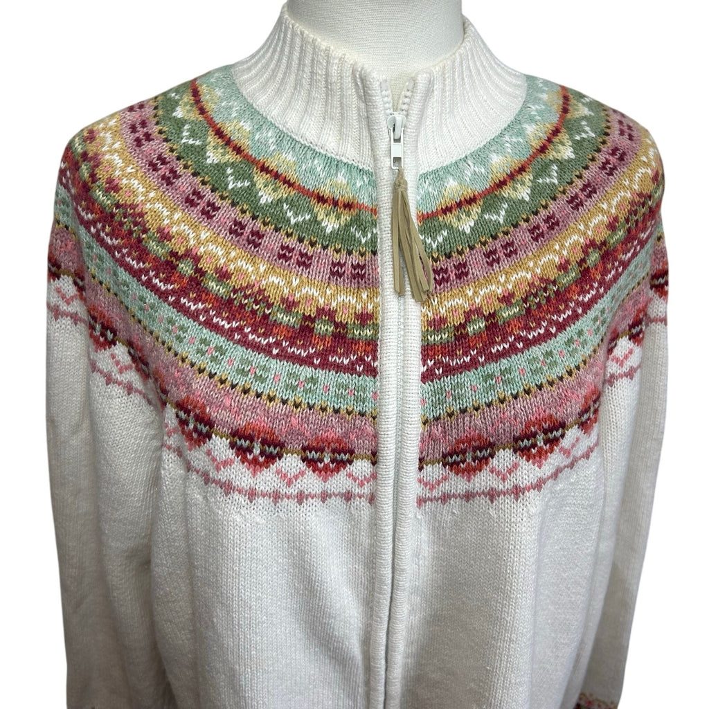 VTG Y2K Tiara International L White Fair Isle Cardigan Sweater Full Zip Grandma