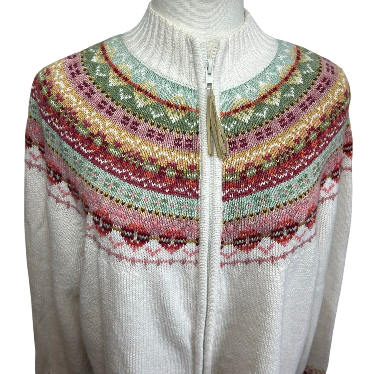 VTG Y2K Tiara International L White Fair Isle Cardigan Sweater Full Zip Grandma
