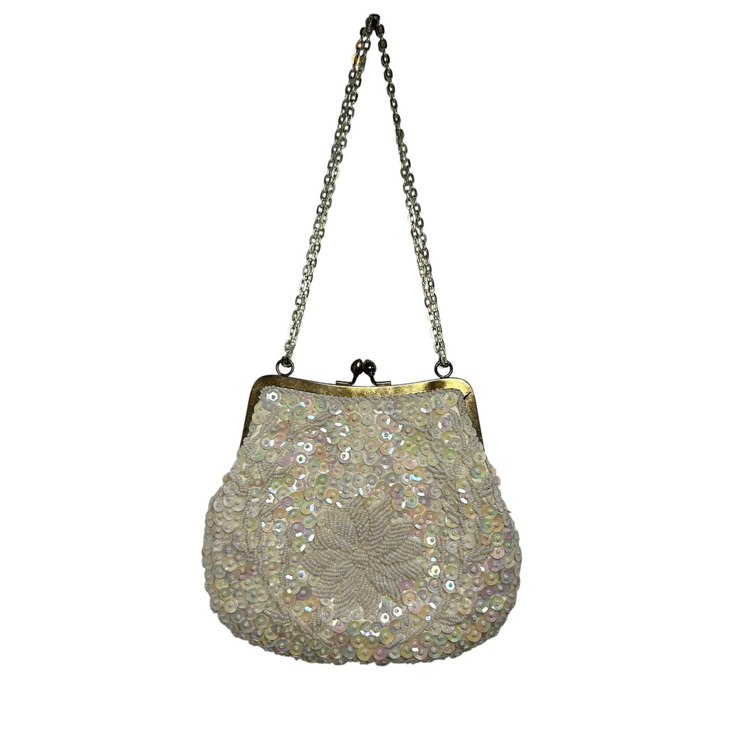 VTG 50's White Beaded Sequin Bridal Evening Bag Hong Kong Wedding Coquette Glam
