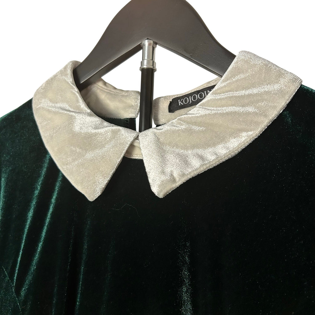 KOJOOIN Green Velvet Peter Pan Collar Dress 2XL Long Sleeve Pockets Dark Morii