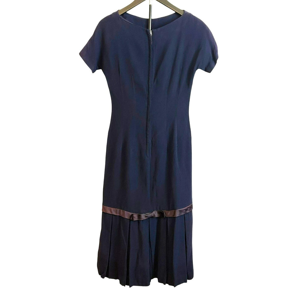 VTG 1950s Navy Blue Crepe Drop Waist Cocktail Dress Satin Bow Pleated Skirt M