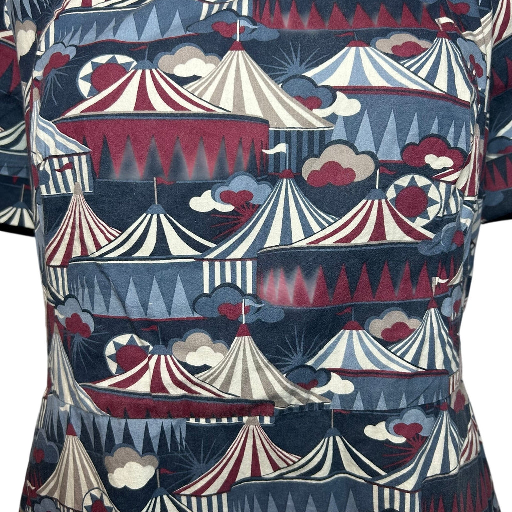 Emily & Fin Circus Tent Print Dress Blue Red M Retro Twee Indie Coquette Wiggle