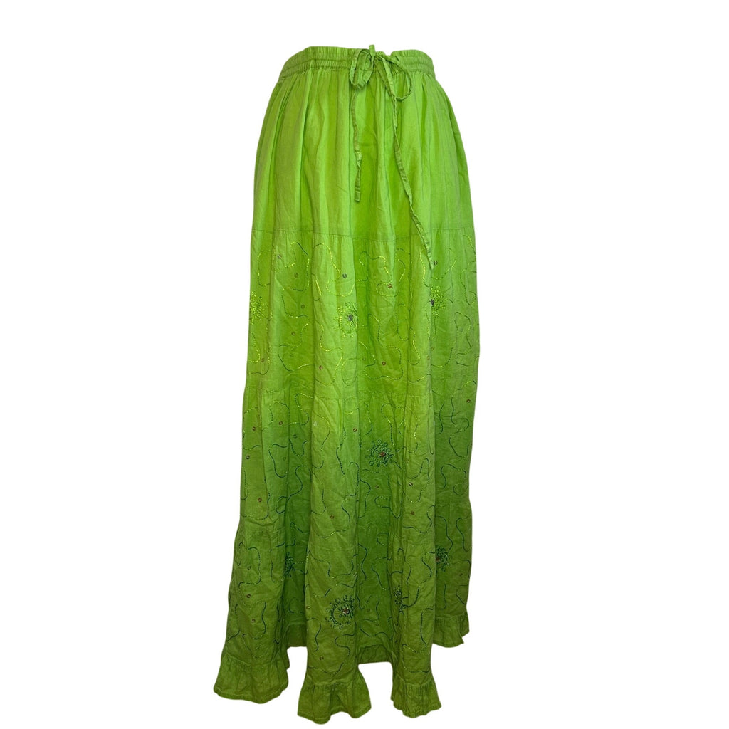 Green Ombre Broomstick L Maxi Skirt Sequin Embroidered Y2K Boho Fairy Grunge