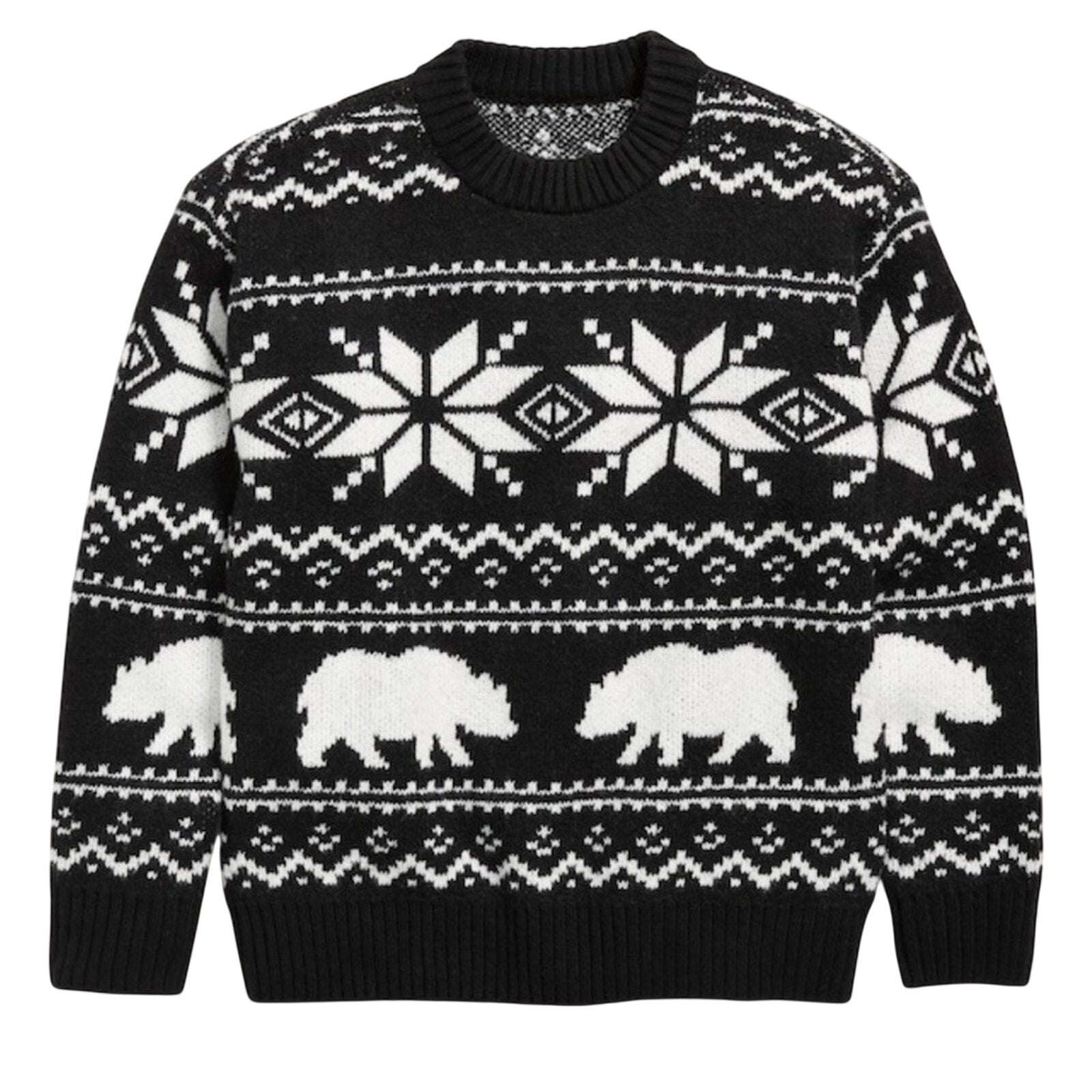NWT Old Navy Boys Oversized Fair Isle Knit Sweater Bear Pattern Black White XXL