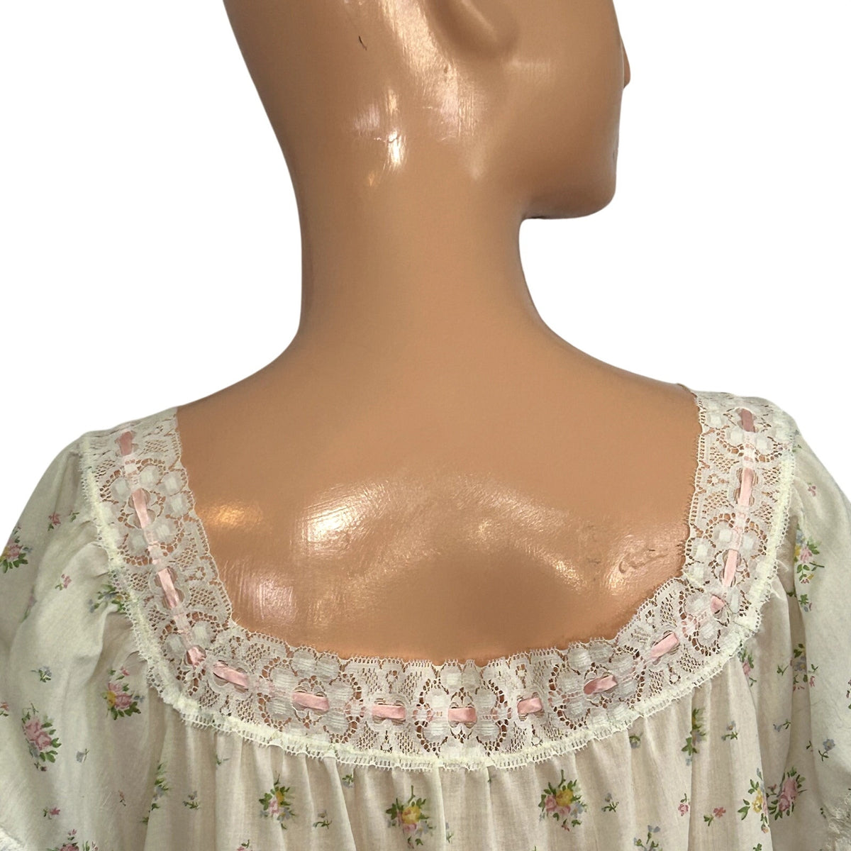 VTG 70s M/L White Pink Floral Cotton A-Line Nightgown Cottagecore Prairie Lace