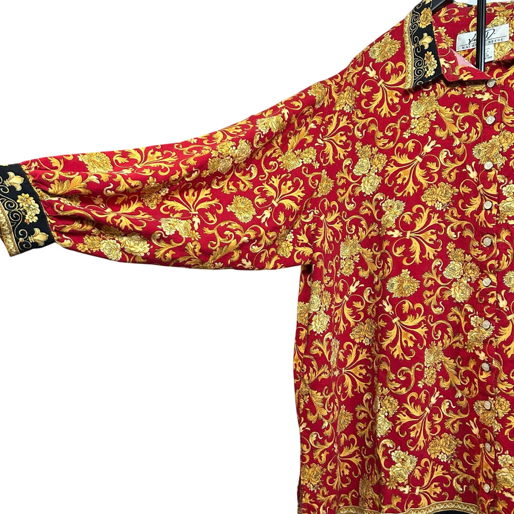 VTG Kathryn Deene Blouse Red 26/28 Boho Floral Baroque Top Plus Size Bold