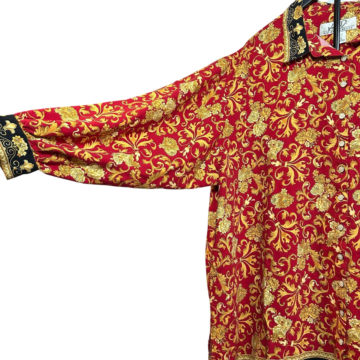 VTG Kathryn Deene Blouse Red 26/28 Boho Floral Baroque Top Plus Size Bold