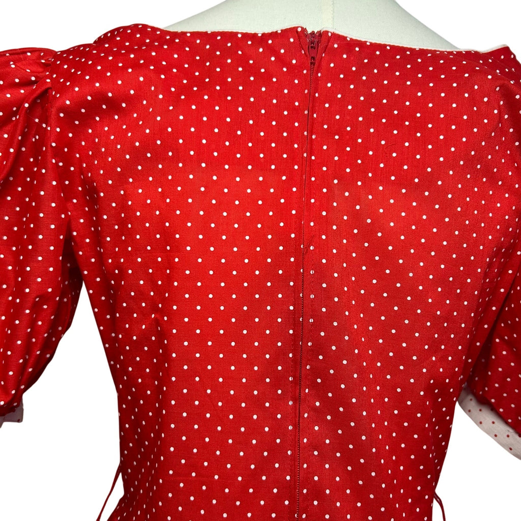 VTG 80s Red White Polka Dot Puff Sleeve Midi Dress