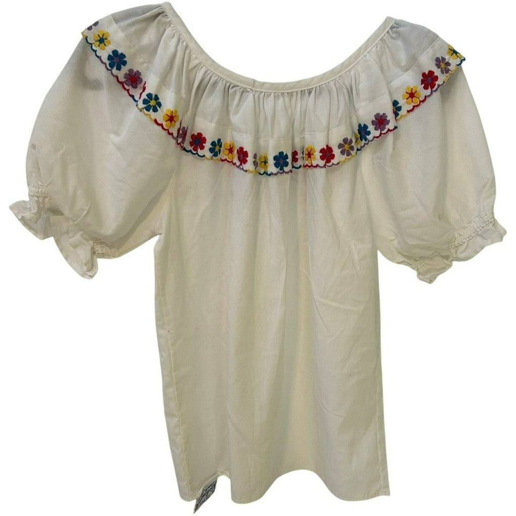 VTG Rockmount Ranch Wear White Floral Embroidered Ruffle Peasant Blouse Boho
